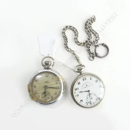 ZENITH TRAIN DECORATED POCKET WATCH ON CHAIN + SMITHS WATCH as is