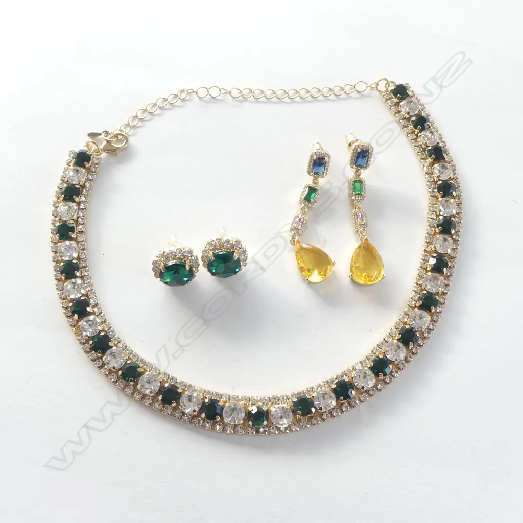 COSTUME CHOKER CHAIN w MATCHING EARRINGS & FANCY DROP EARRINGS, NEW Image 1++