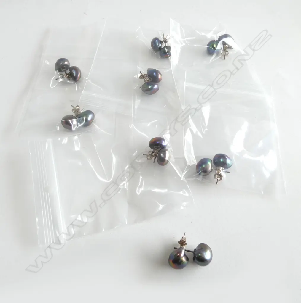 8 PRS SILVER SET PEARL EAR STUDS, new old stock Image 1++
