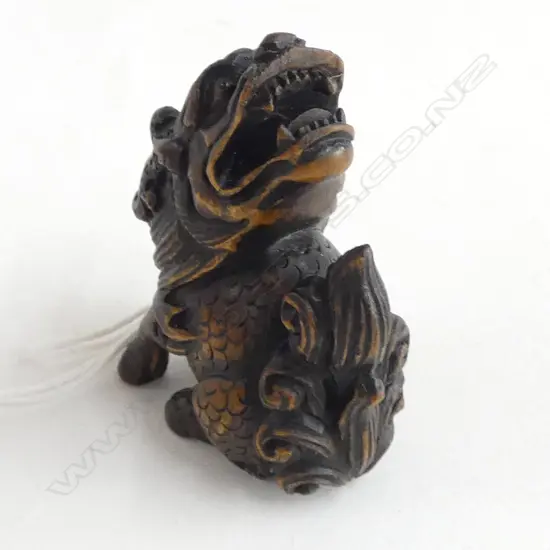 WOOD CARVED LONGMA NETSUKE, SIGNED 