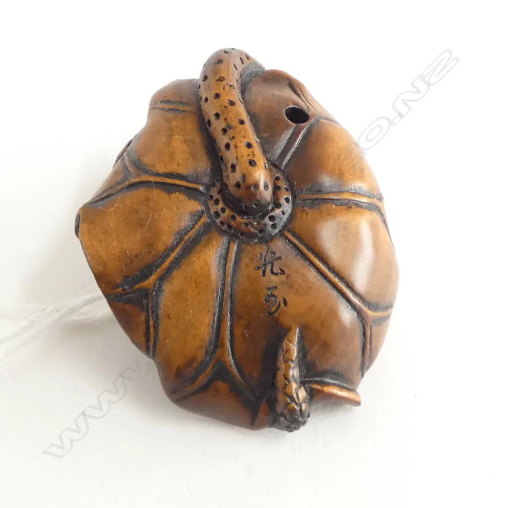 2 WOOD CARVED NETSUKE, SNAKE & LIZARD ON LILY PAD, SIGNED  Image 1++