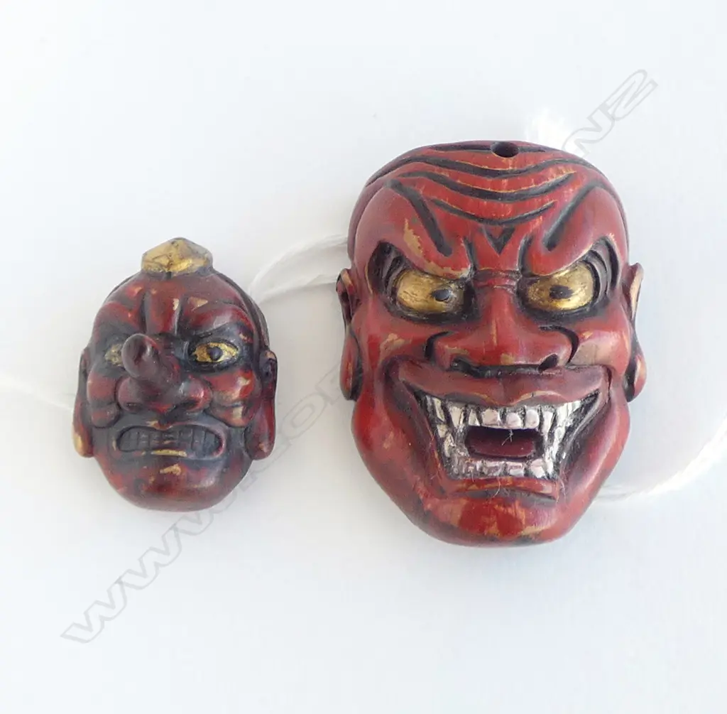 CARVED ROSEWOOD NETSUKE ONI & TENGU, SIGNED Image 1++