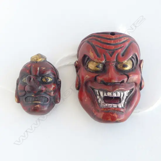 CARVED ROSEWOOD NETSUKE ONI & TENGU, SIGNED
