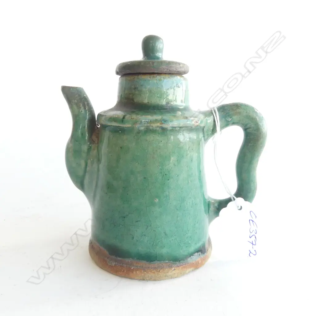 CHINESE GREEN THICK aqua green GLAZE POTTERY LIDDED COFFEE POT H.125mm Image 1++