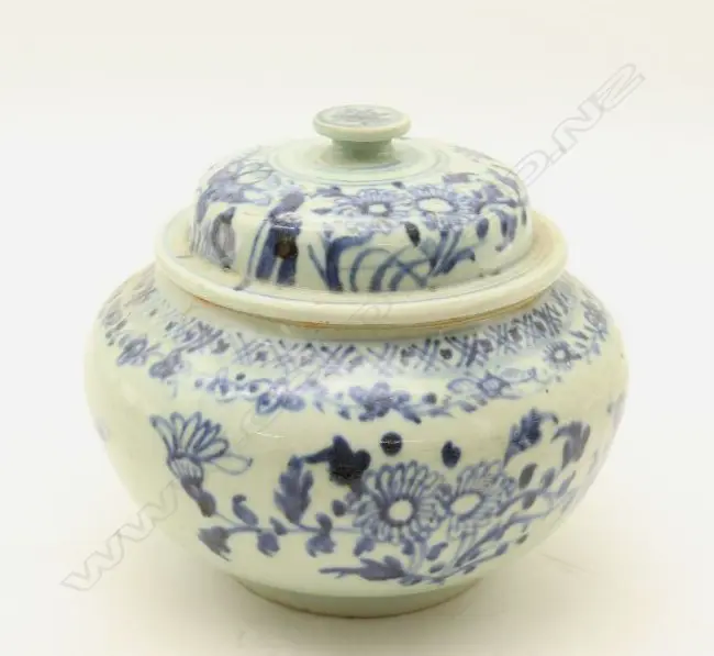 An old Chinese Ming Dynasty style Blue and White Lidded Jar-John Perry Collections Image 1++