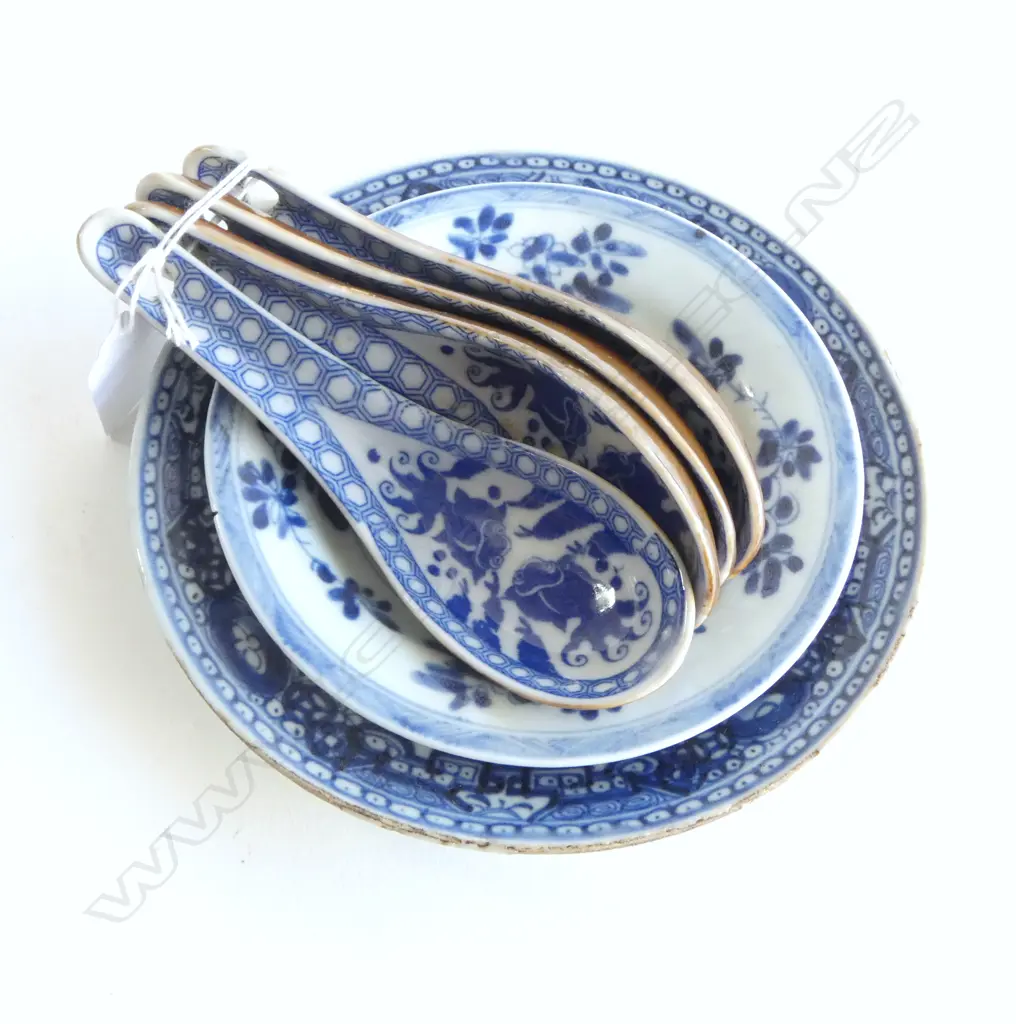 6 CHINESE BLUE & WHITE PORCELAIN PCES: 4 spoons & 1 small dish a.f with copper type glazed bases + other w hairline  Image 1++
