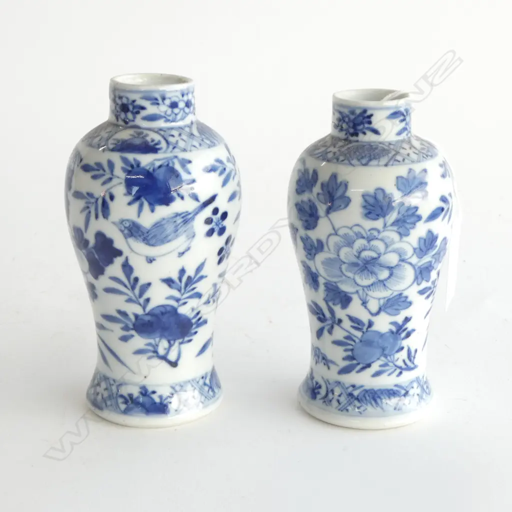 PR CHINESE BLUE & WHITE PORCELAIN BALUSTER VASES bird & floral design. Marks to base. H.130mm Image 1++