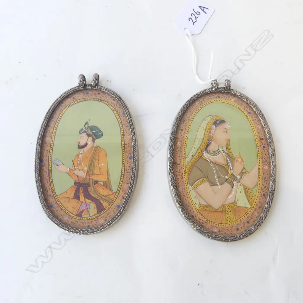 2 MUGHAL INDIAN PORTRAIT MINIATURES IN 925 SILVER FRAMES 120x80mm Image 1++