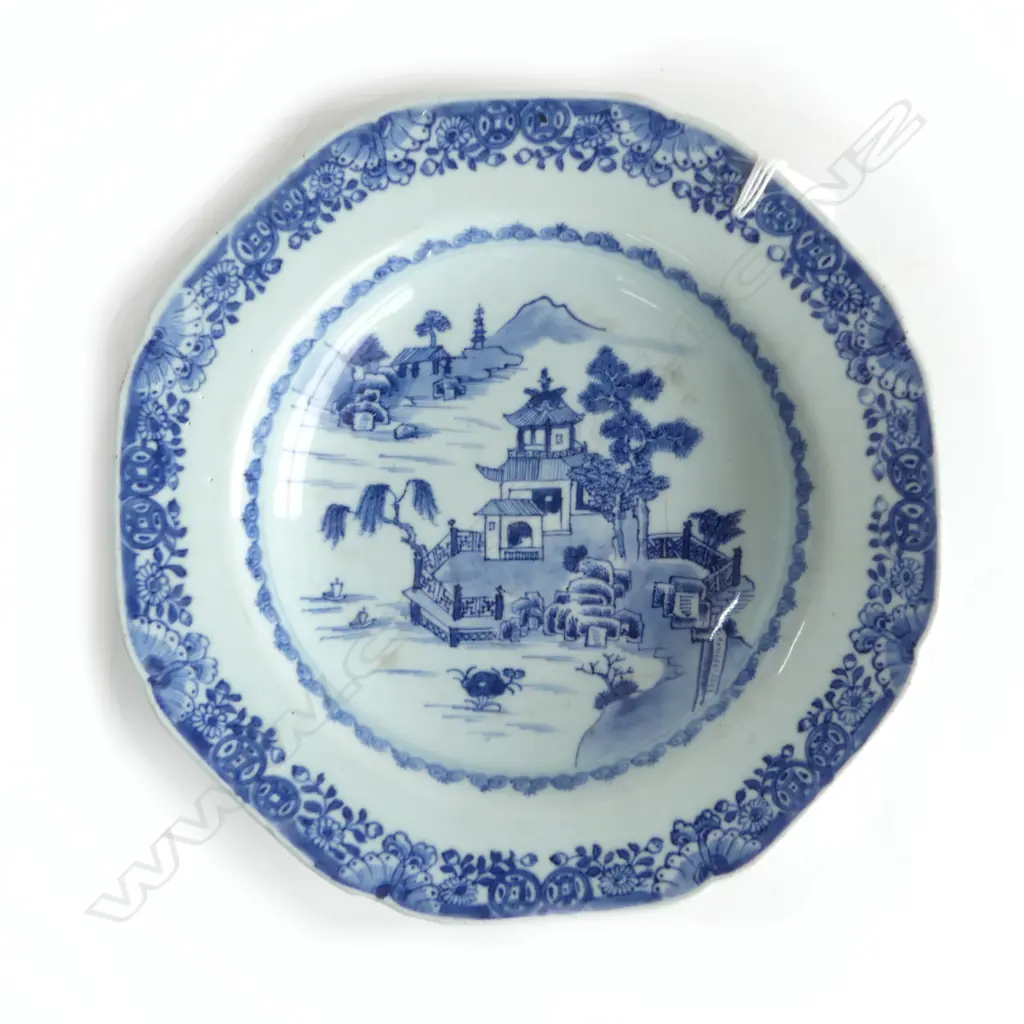 19thC CHINESE porcelain blue & white octagonal plate Dia.230mm cracks to reverse. Ex. The estate of John Perry Image 1++