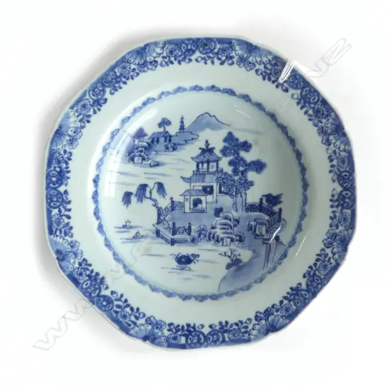 19thC CHINESE porcelain blue & white octagonal plate Dia.230mm cracks to reverse. Ex. The estate of John Perry
