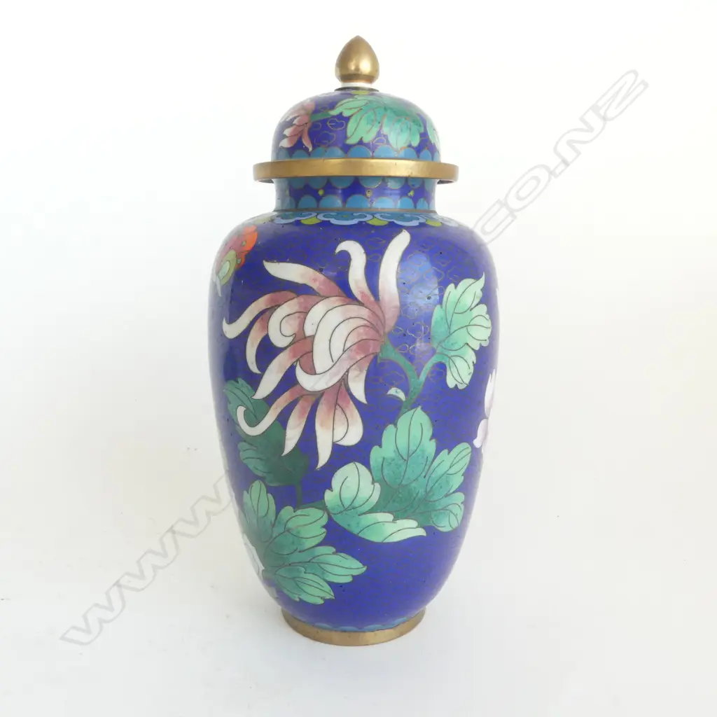 CHINESE CLOISONNE LIDDED URN florals in colours on blue H.215mm Image 1++