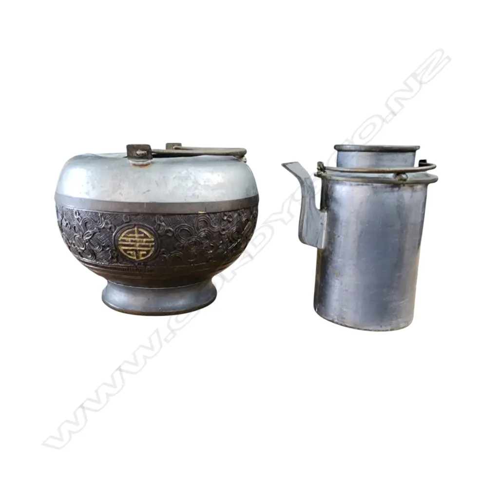 CHINESE PEWTER & COCONUT TEA SET (8 cups + warming stand). Image 1++