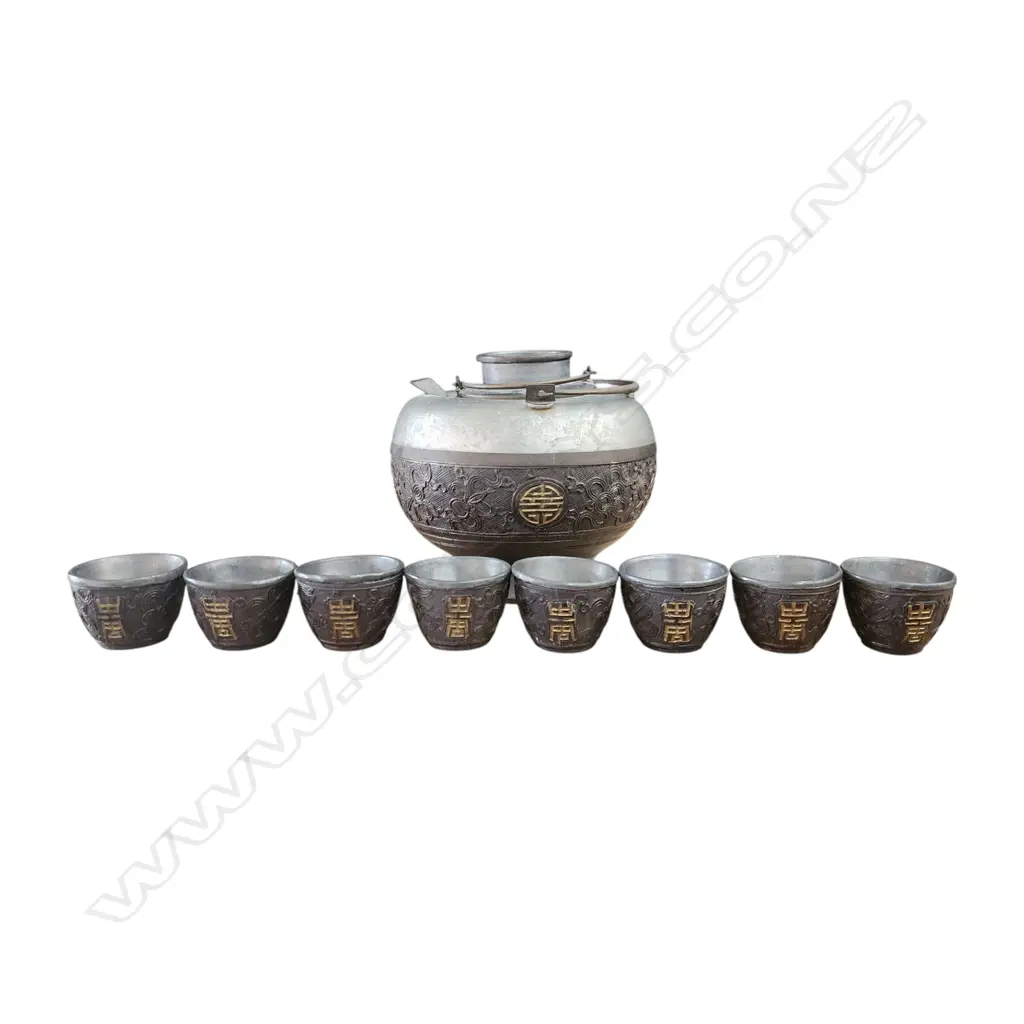 CHINESE PEWTER & COCONUT TEA SET (8 cups + warming stand). Image 1++