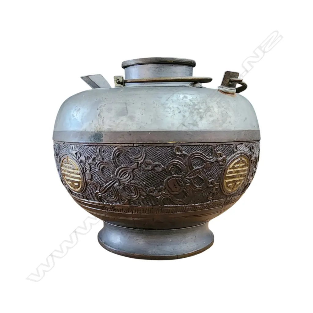 CHINESE PEWTER & COCONUT TEA SET (8 cups + warming stand). Image 1++