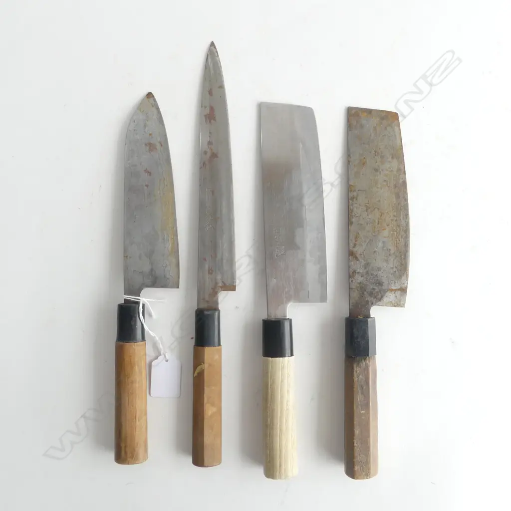 4 VINTAGE JAPANESE QUALITY STEEL CHEFS KNIFES all with signed blades longest 345mm Image 1++