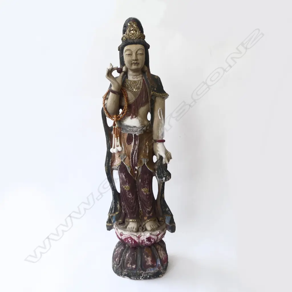 LARGE JAPANESE CARVED & PAINTED WOOD KUAN YIN SCULPTURE H.925mm Image 1++