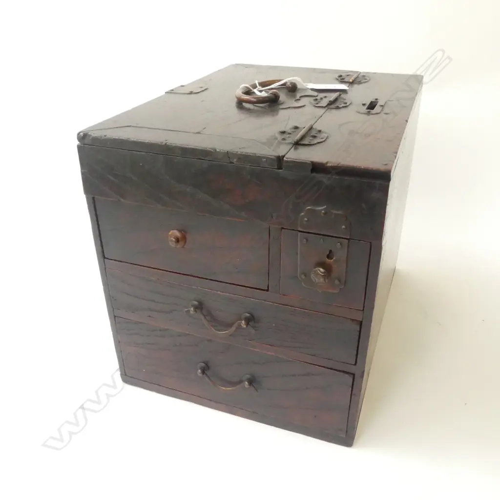 19thC keyaki Japanese money box with dragon ink stone. Ex. travelling calligrapher. Bronze fittings. H.230mm Image 1++