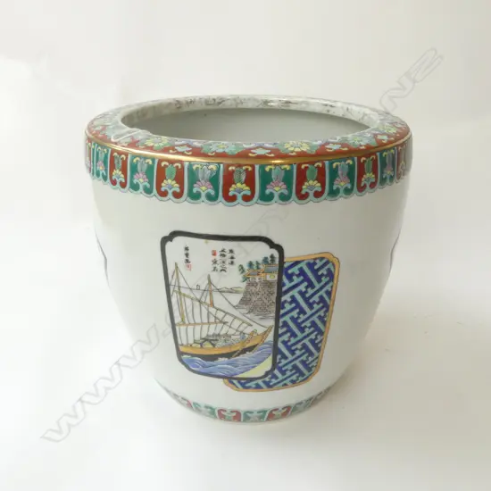 1920's JAPANESE JARDINIERE/HIBACHI with vignettes of idyllic scenes & poetry H.232mm