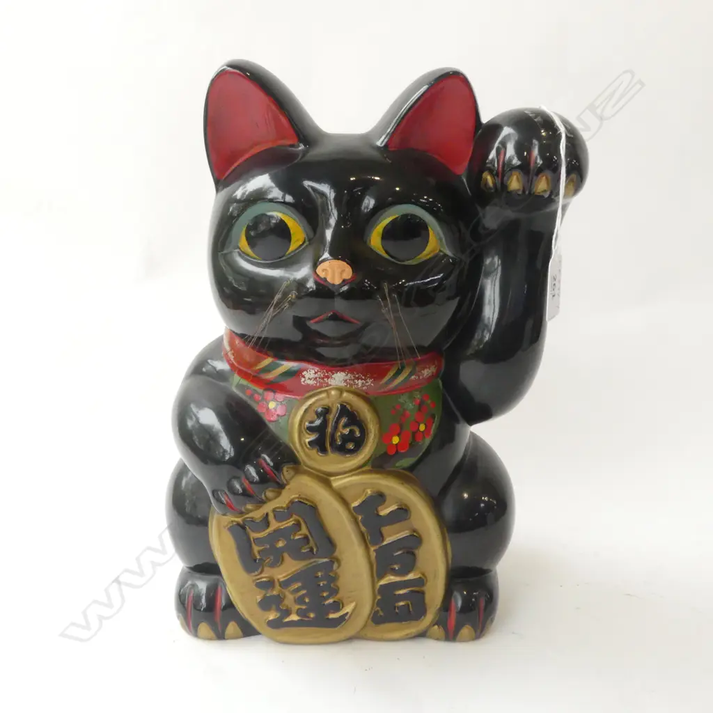 BISQUE POTTERY black glaze LUCKY CAT MONEY BOX H.333mm Image 1++