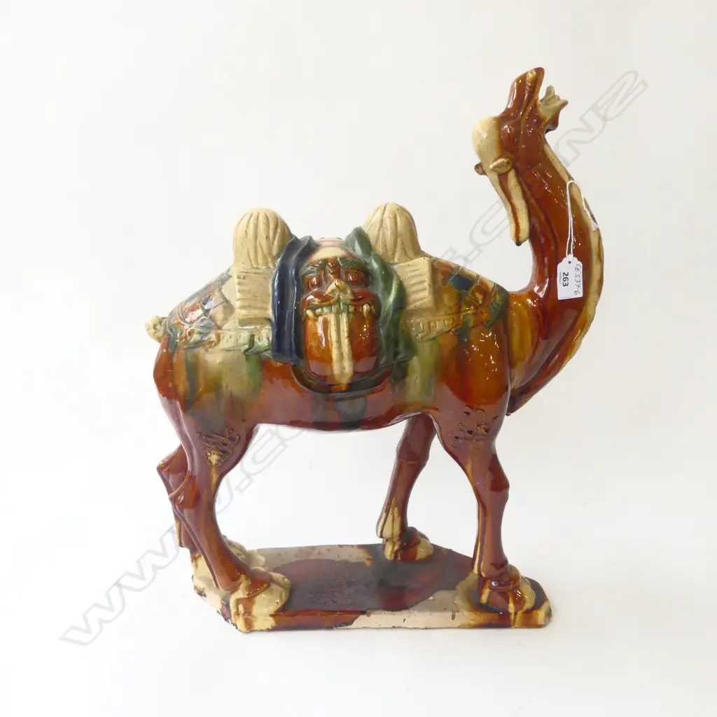 LARGE TANG style SANCAI GLAZED CAMEL small chip to top lip. H.496mm. Image 1++
