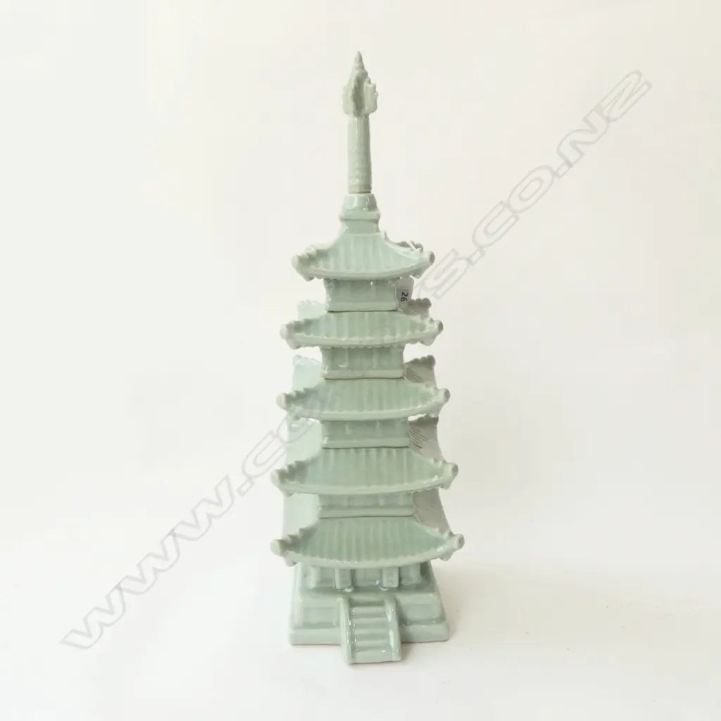 CELADON TOJI PORCELAIN sectionally stacked PAGODA TEMPLE small fault Image 1++