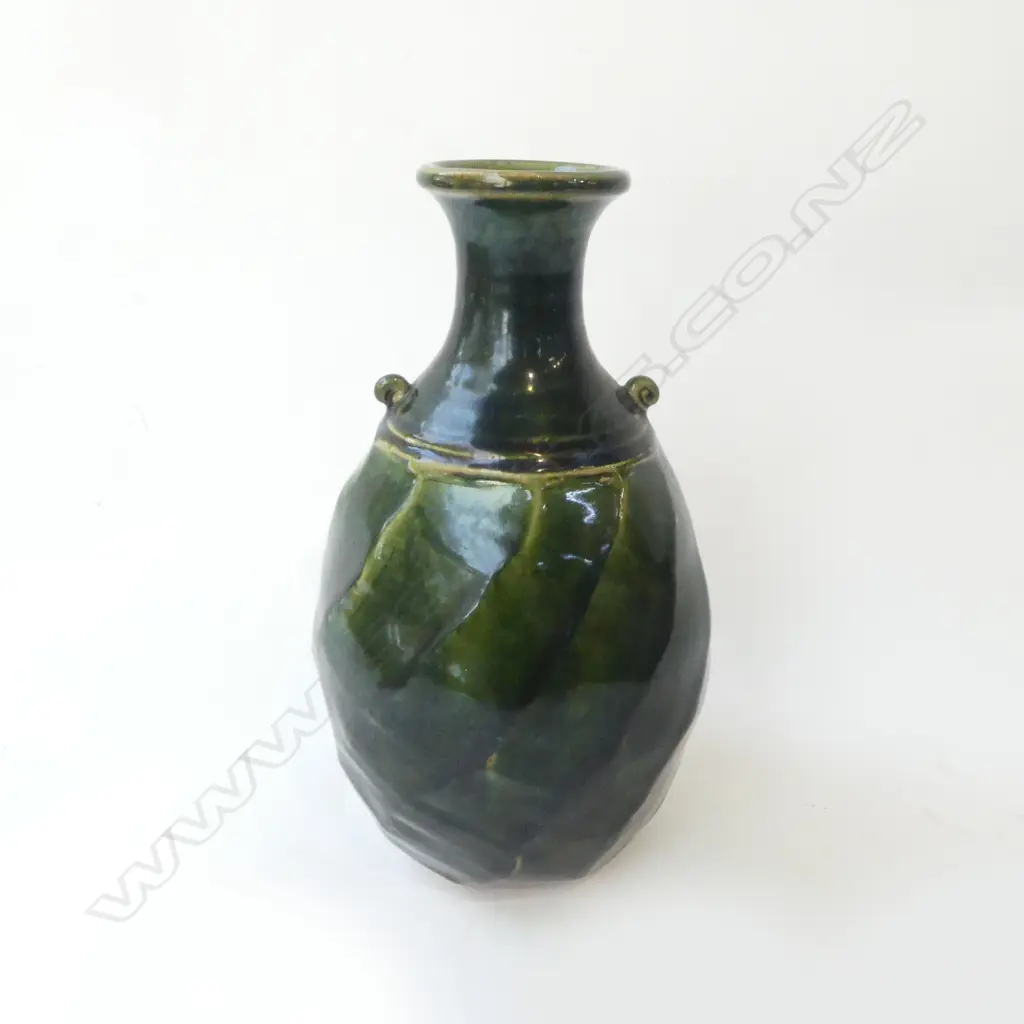 JAPANESE ART POTTERY GREEN GLAZE VASE wrythen faceted H.235mm Image 1++