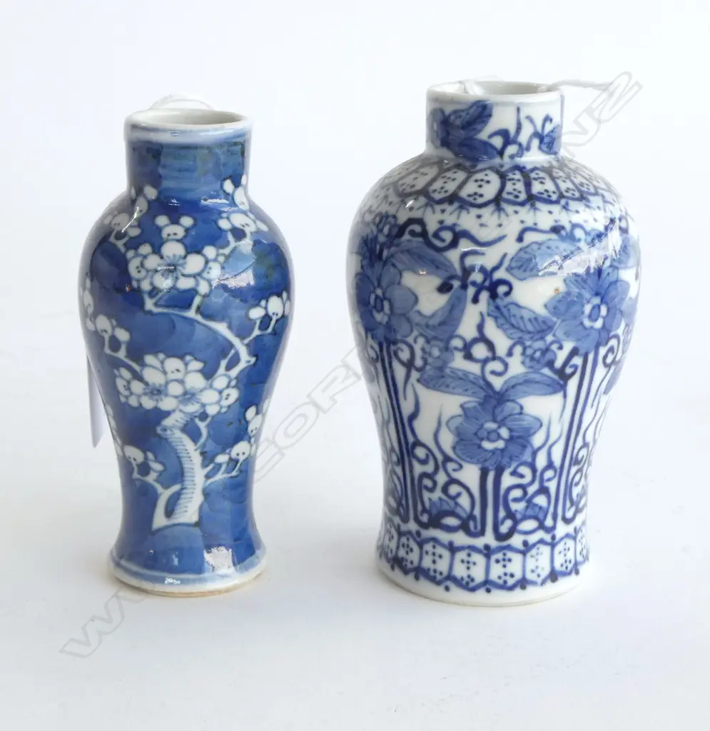 2 CHINESE BLUE & WHITE PORCELAIN BALUSTER VASES blossom  & floral panelled design. Marks to base. H.125mm Image 1++