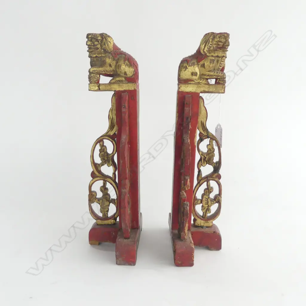 Pair Chinese carved & painted wood standing sculptures shishi to top. H.315mm Image 1++