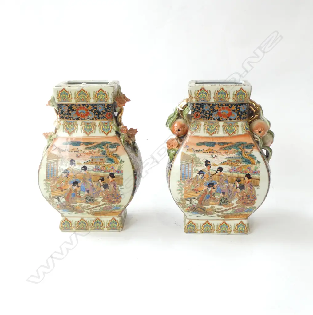 PR LRG JAPANESE SATSUMA VASES, DETAILED DECORATION, PEACH & ROSE HANDLES, H.260mm stamp to base Image 1++