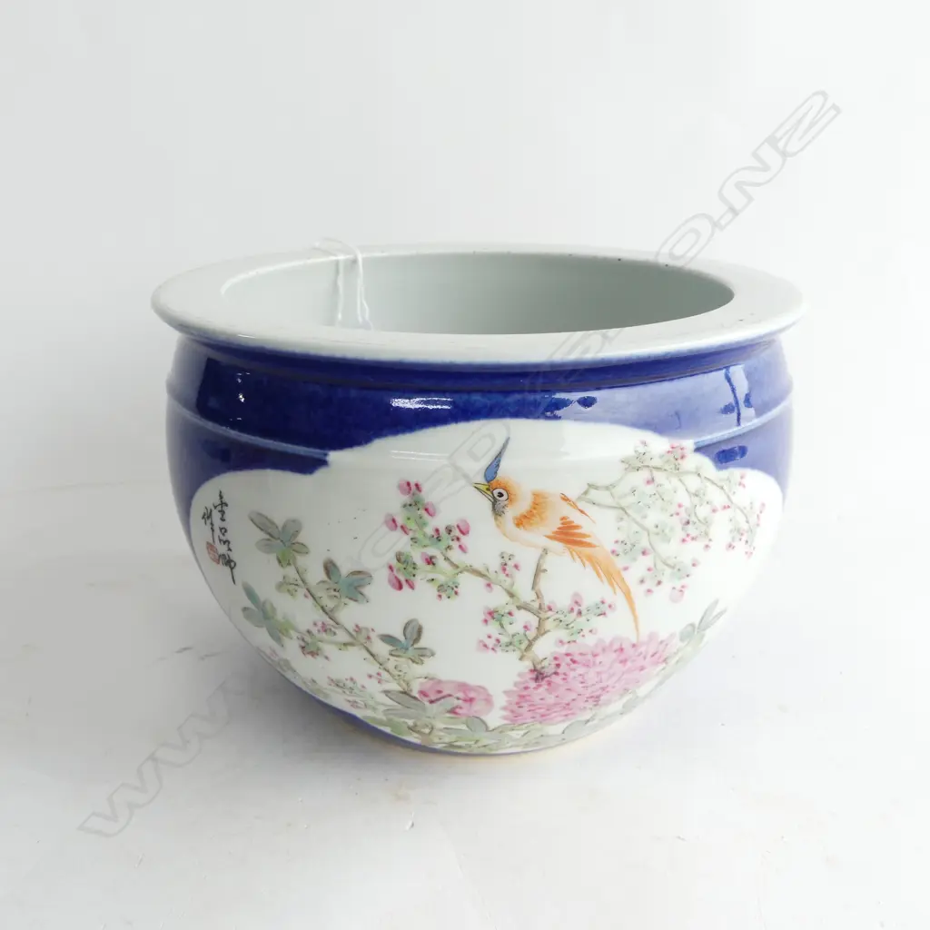 Chinese Sprinkled Blue (sa lan) Glaze Flower-and-Bird-Pattern Small Desk Pot (Qing Dynasty Technique) H.132mm. Dia.190mm Image 1++
