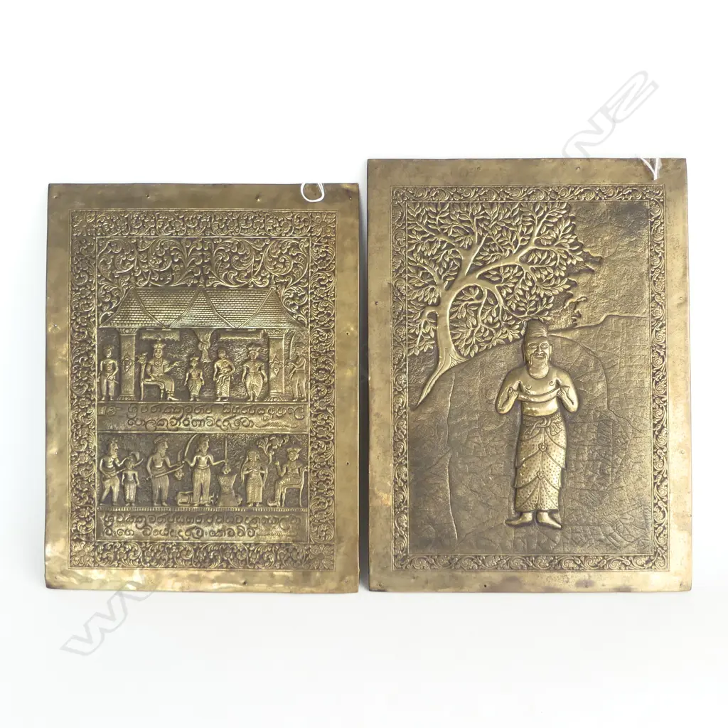 2 VINTAGE embossed & engraved INDIAN BRASS PANELS.430 x 320mm 1 w Sinhalese writing.... Image 1++