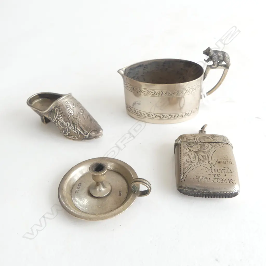 4 PCES SILVER; VESTA, SHOE, CHAMBERSTICK, JUG 58grms Image 1++