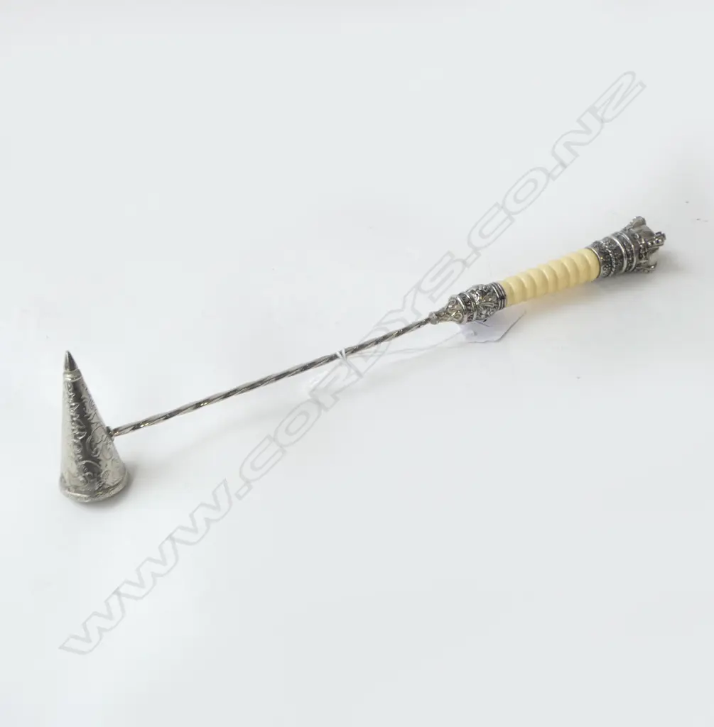 SILVER PLATED CANDLE SNUFFER with crown end & plastic handle L.350mm Image 1++