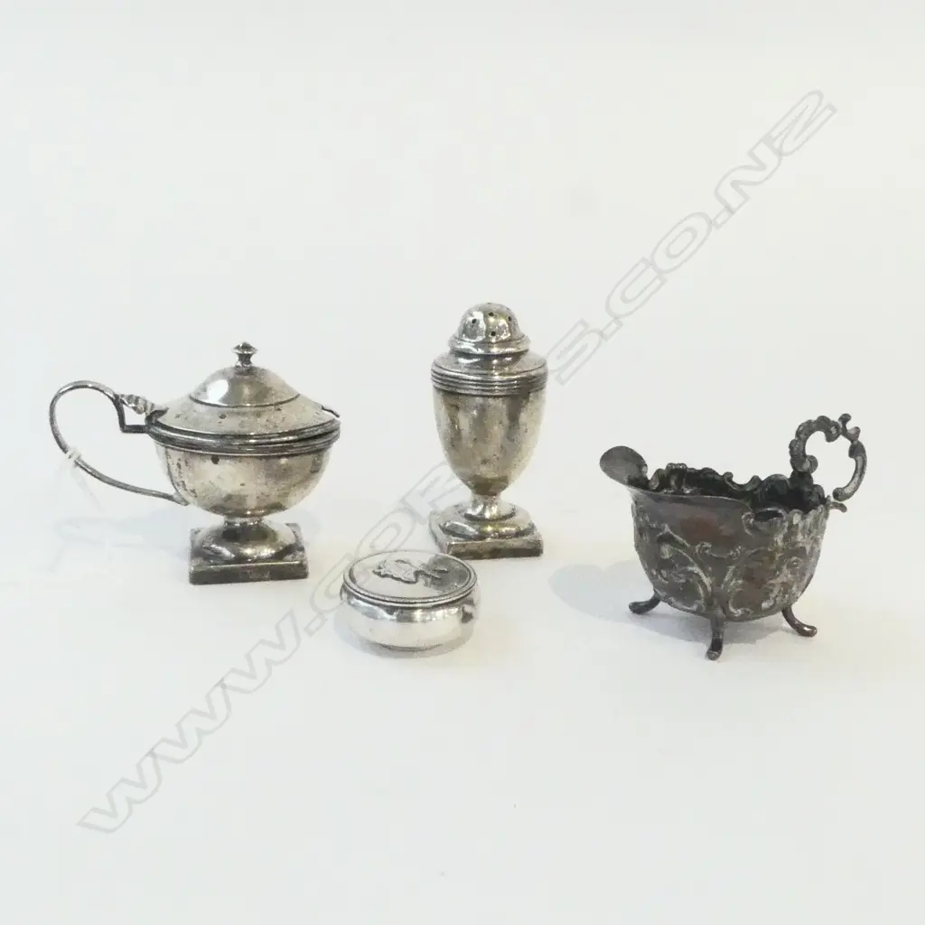 4 SILVER ITEMS: pepperette + mustard pot + fancy cream jug + rouge pot 130gms Image 1++