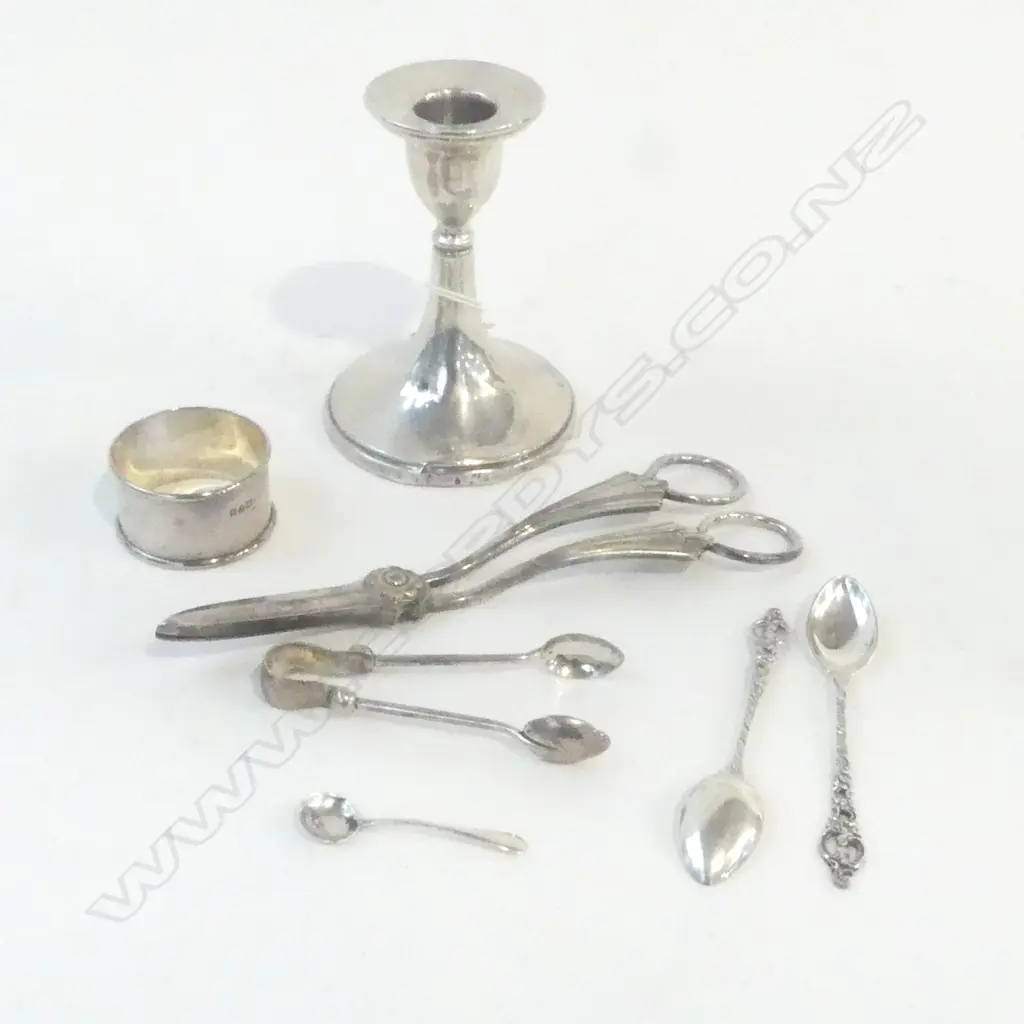 SILVER: 3 SPOONS + TONGS + NAPKIN RING 45gms + silver candlestick (wood base) + s/plate grape scissors Image 1++