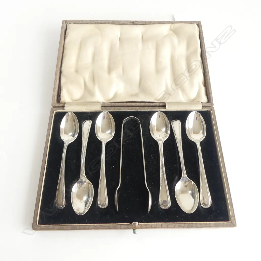 CASED SET OF 6 TEASPOONS + SUGAR TONG, CHESTER 1912,100gms Image 1++
