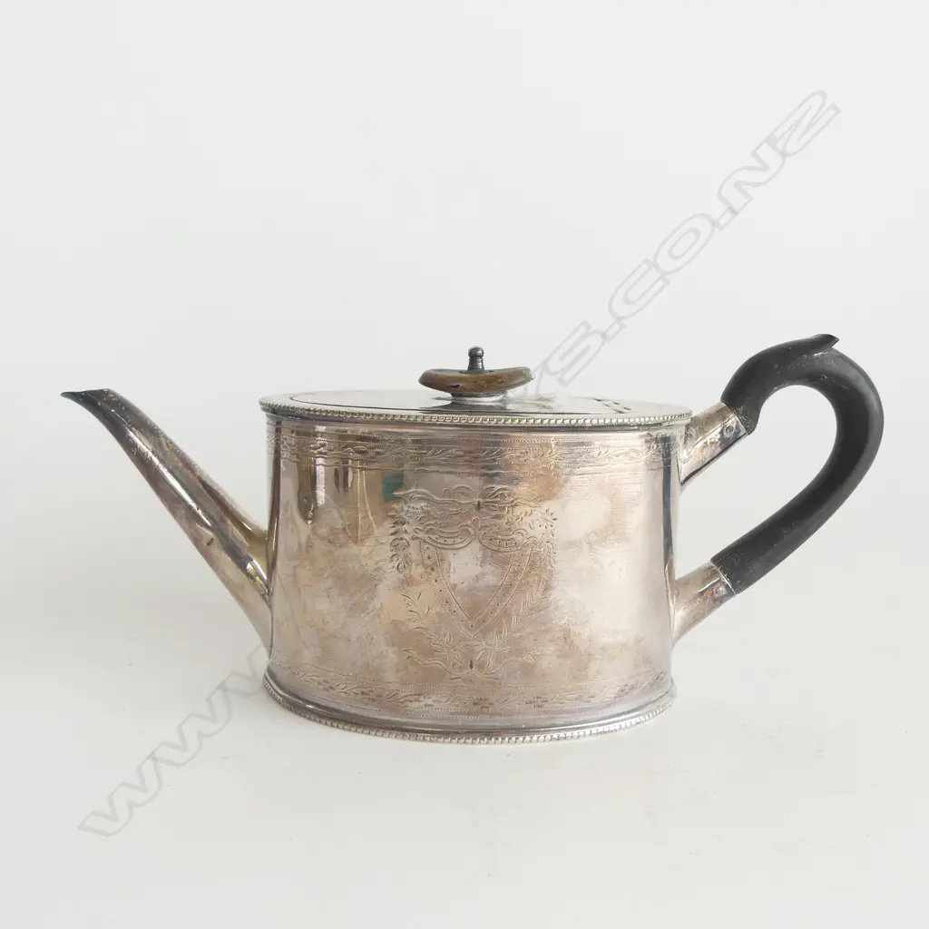 GEORGE III SILVER PLATE CAN SHAPE TEAPOT restrained engraved bands & cartouche  Image 1++