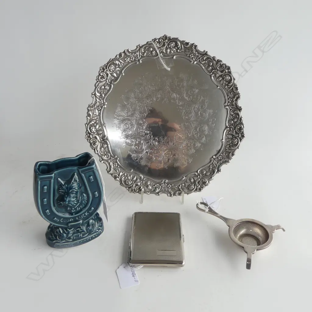 3 PCS SILVER PLATE 1774 SALVER REPRO, VINTAGE HARRODS CIGARETTE CASE, MAPPIN & WEBB TEA STRAINER & SYLVAC HORSESHOE VASE Image 1++