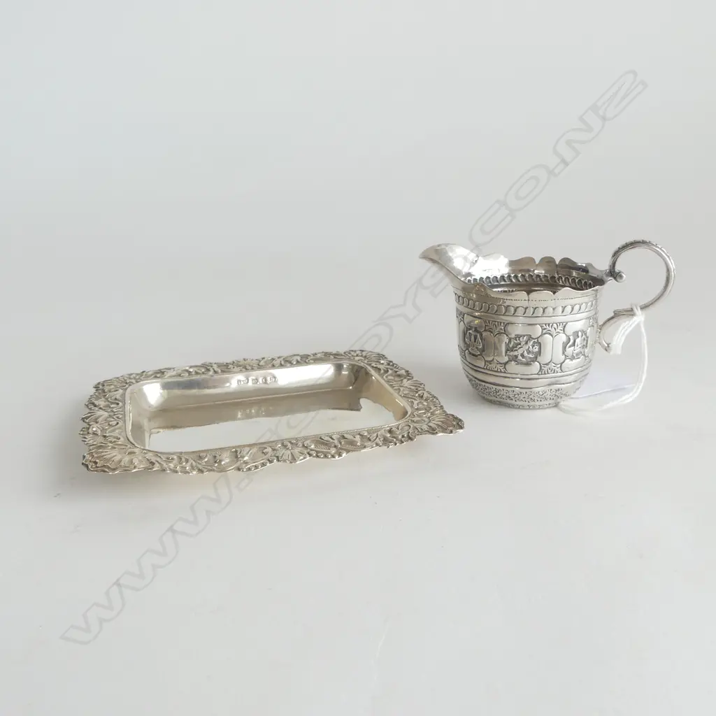 2 SILVER SMALL EMBOSSED PCES: ZODIAC symbols CREAM JUG London 1886 + PIN DISH Birmingham 1897. 79gms Image 1++