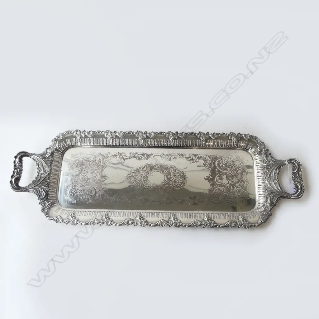 LARGE RECTANGULAR SILVER PLATED BUTLERS TRAY WITH GRAPE VINE MOTIF W.690mm Image 1++
