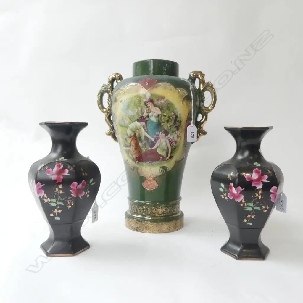 3 EDWARDIAN VASES H360 TALLEST CHIP TO RIM Image 1++
