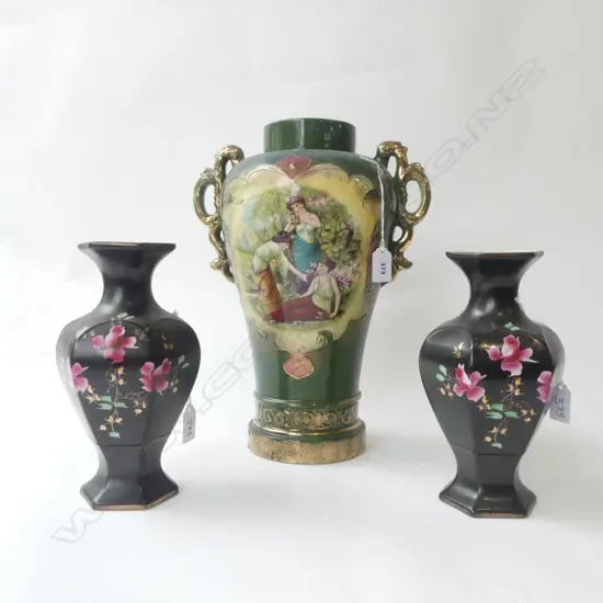 3 EDWARDIAN VASES H360 TALLEST CHIP TO RIM