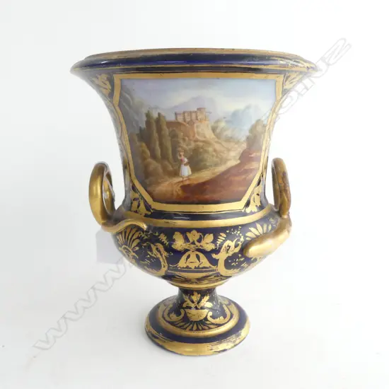 19thC ROYAL CROWN DERBY URN w. HAND PAINTED SCENE 'SURROUNDINGS OF BIRMINGHAM' H.220mm 1 handle repaired