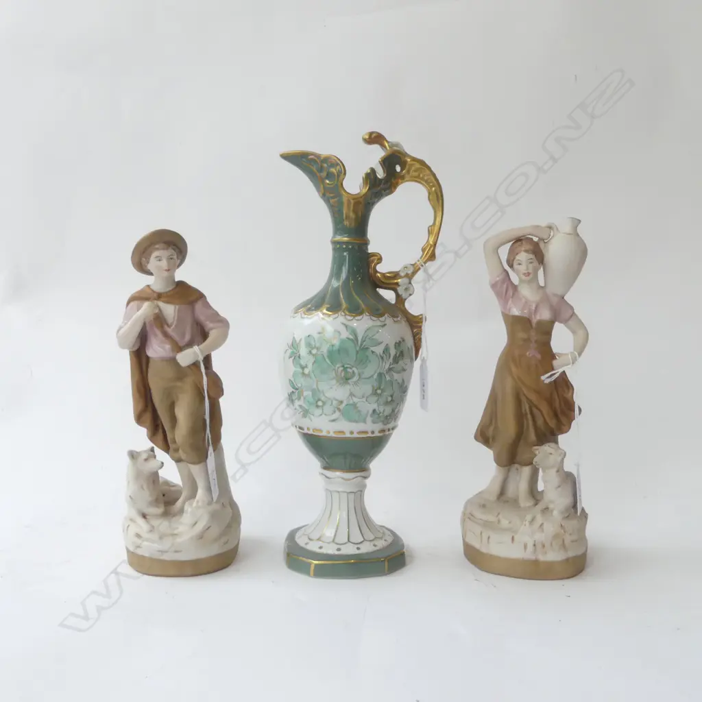 3 PCS ROYAL DUX, PR FIGURINES, H.240mm & GRN/CREAM EWER, H.300mm Image 1++