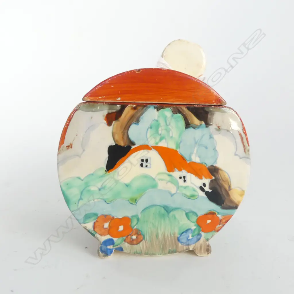 CLARICE CLIFF BONJOUR shape LIDDED PRESERVE POT 'Forest Glen' pattern Bonjour shape. Some glaze rubbing H.105mm Image 1++