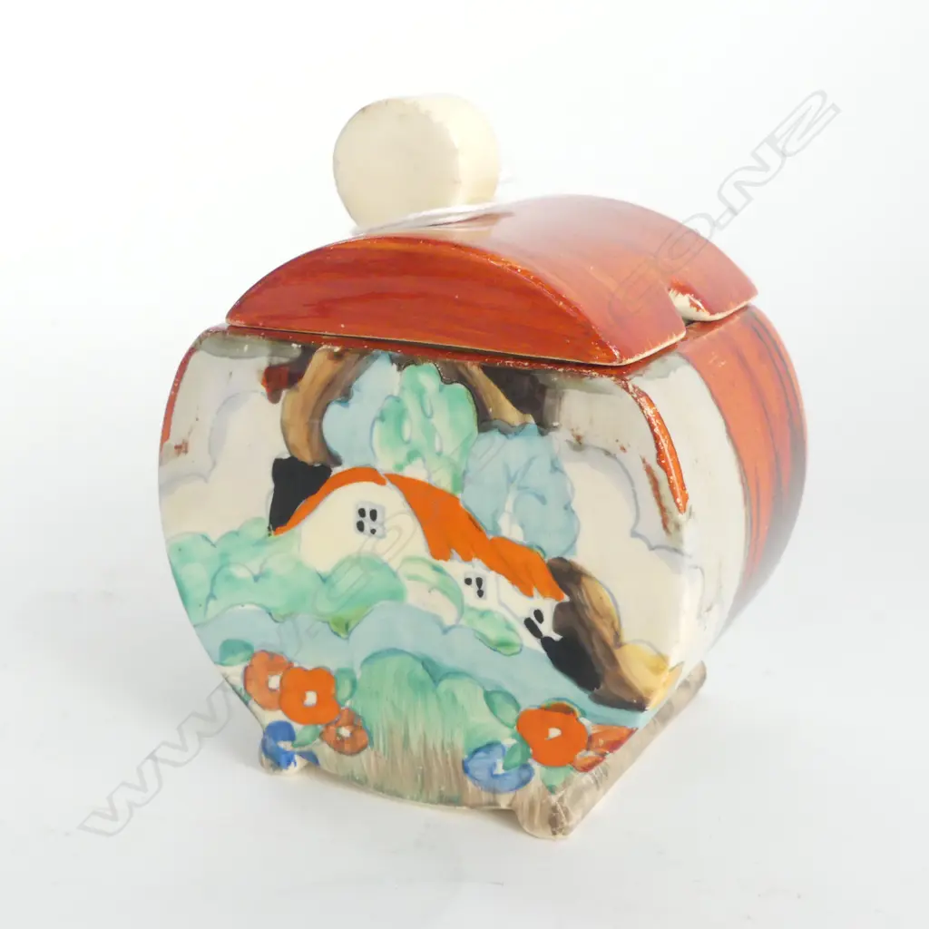 CLARICE CLIFF BONJOUR shape LIDDED PRESERVE POT 'Forest Glen' pattern Bonjour shape. Some glaze rubbing H.105mm Image 1++