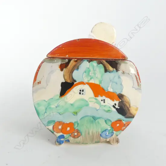 CLARICE CLIFF BONJOUR shape LIDDED PRESERVE POT 'Forest Glen' pattern Bonjour shape. Some glaze rubbing H.105mm