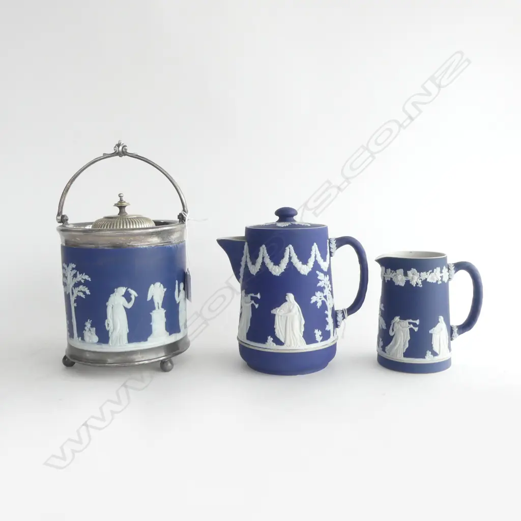 WEDGWOOD JASPERWARE BISCUIT BARREL + 2 ADAMS TUNSTALL PCES. (POT w. SMALL CHIP) Image 1++