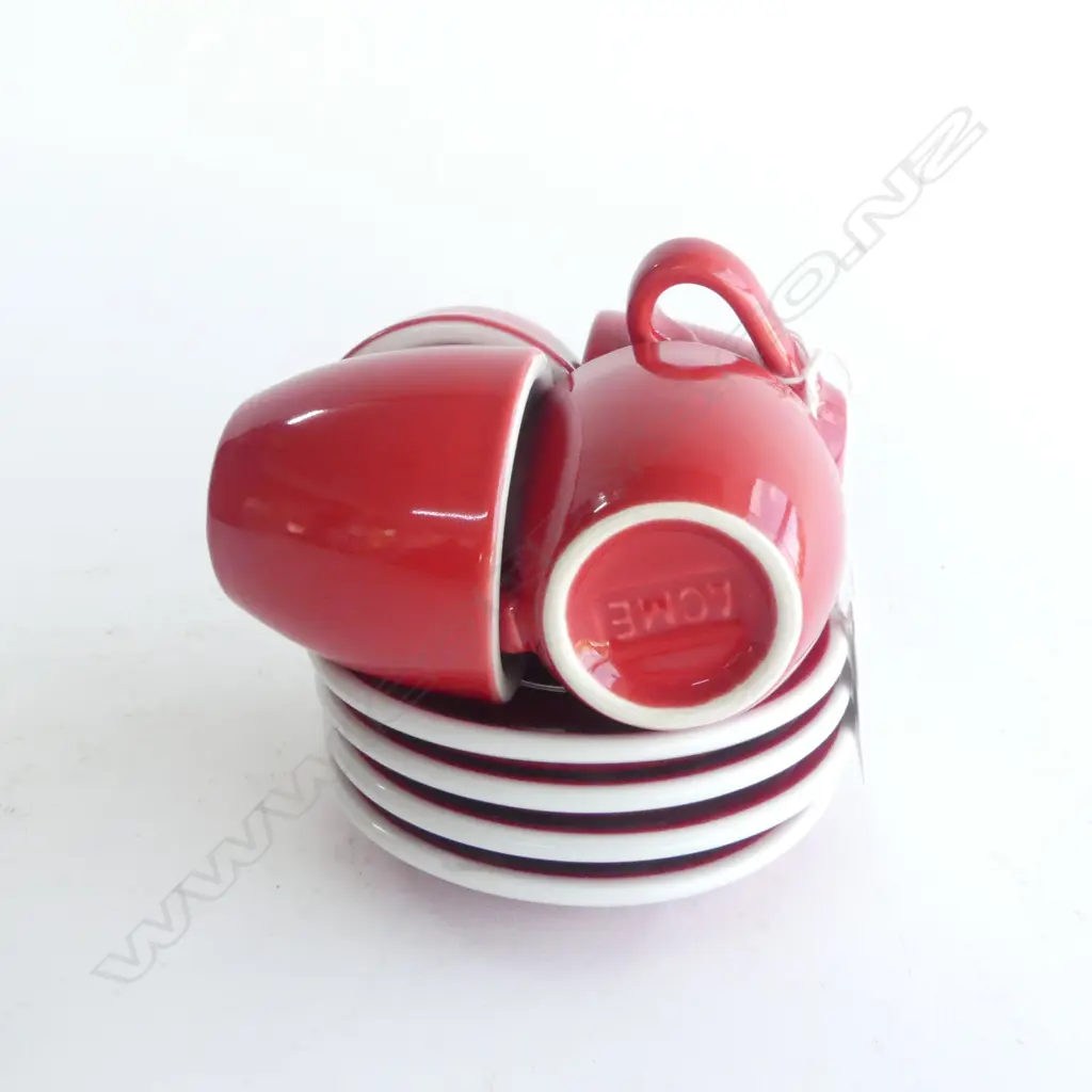 FOUR ACME RED GLAZE CUPS & SAUCERS Image 1++