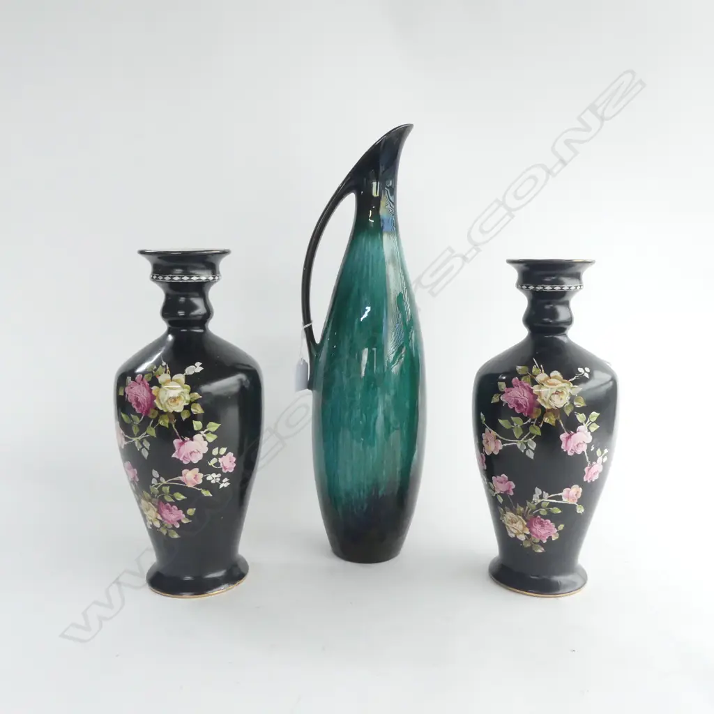 PR EDWARDIAN BLACK FLORAL VASES H340MM & BLUE MOUNTAIN JUG H480MM Image 1++